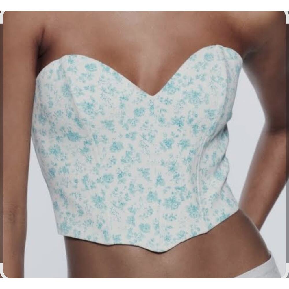 Zara Floral Print White and Blue Sweetheart Corset Top XS Euphoria Festival Boho